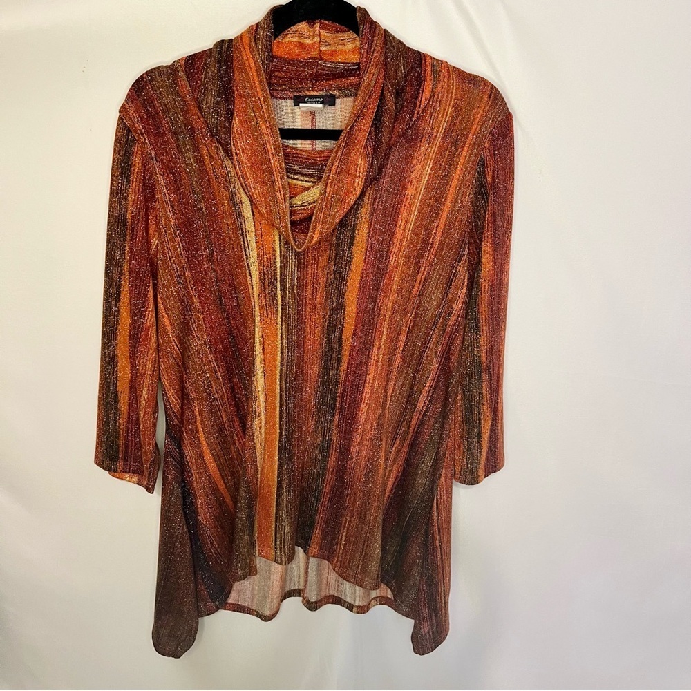 Cocomo Women 1X Cowl Neck Sweater Striped Earthy Shimmer Orange Brown Red Black